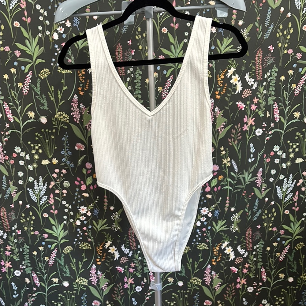 Matel White Ribbed V-Neck Bodysuit